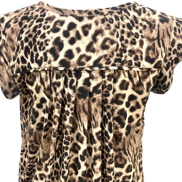 Pleione Brown Cream Leopard Print Notched V-Neck Cap Sleeve Hi-Lo Blouse - Picture 5 of 8